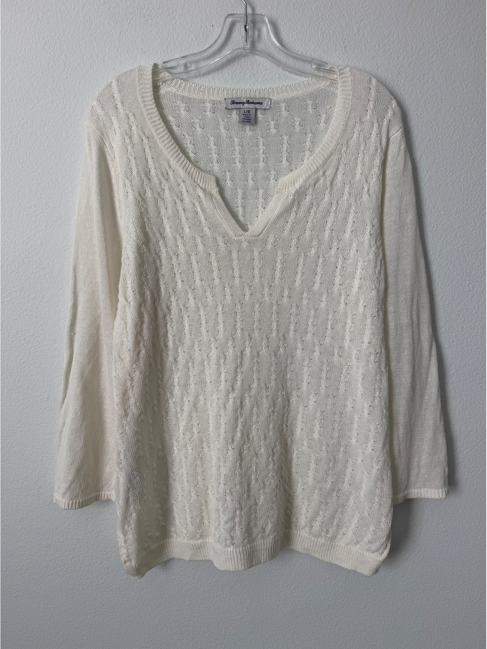 Tommy Bahama 3/4 Sleeve Split V-Neck 100% Linen Open Knit Cream Sweater Size L